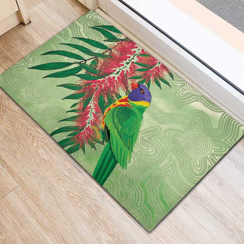 Australia Bottlebrush And Lorikeets Rubber Doormat Aboriginal Art - Watercolor Style