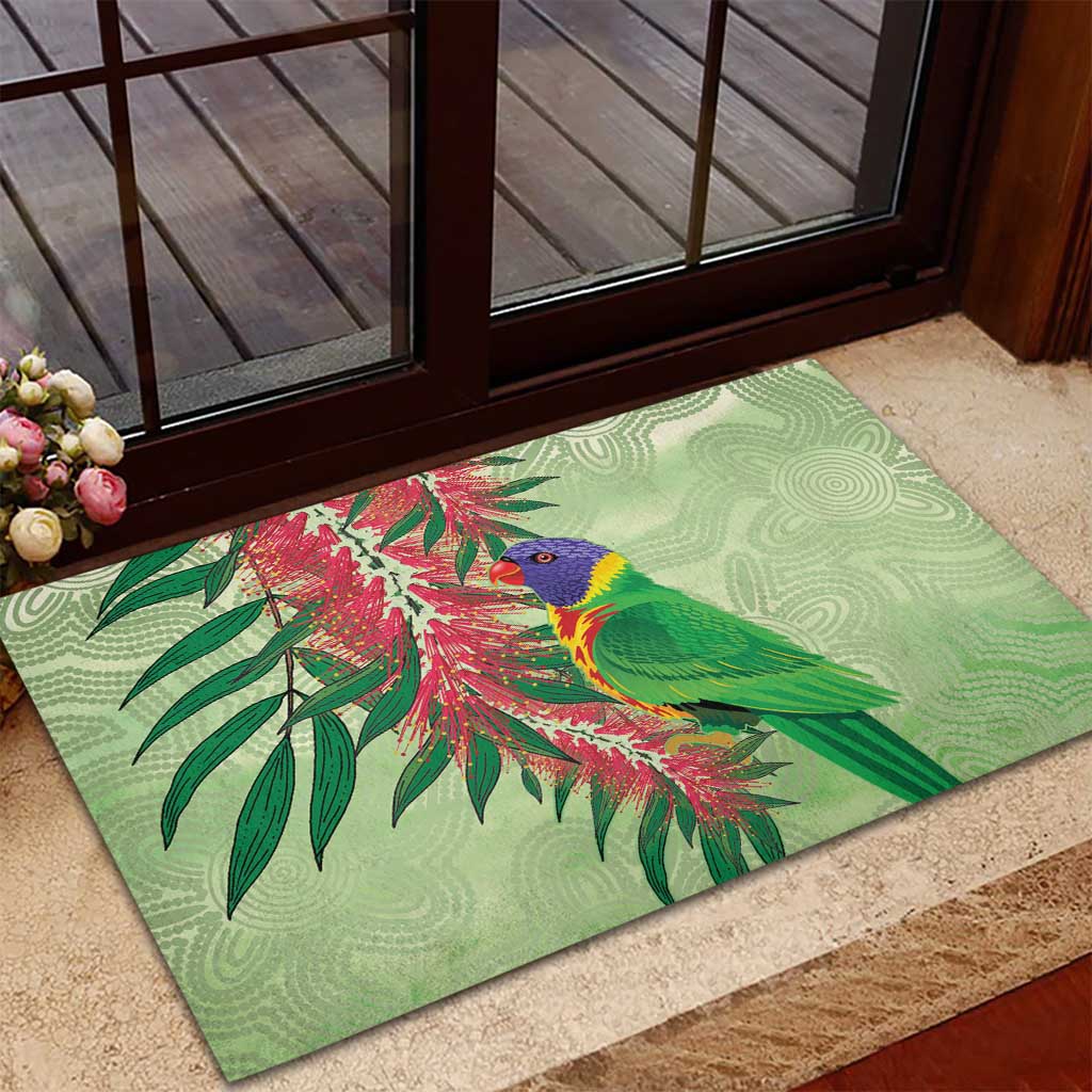 Australia Bottlebrush And Lorikeets Rubber Doormat Aboriginal Art - Watercolor Style