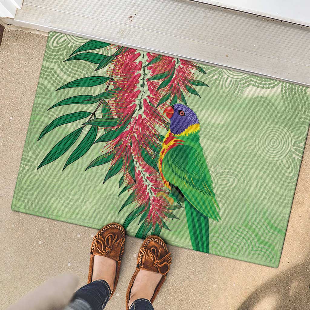 Australia Bottlebrush And Lorikeets Rubber Doormat Aboriginal Art - Watercolor Style