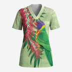 Australia Bottlebrush And Lorikeets Scrub Top Aboriginal Art - Watercolor Style - Aussie Hoodie