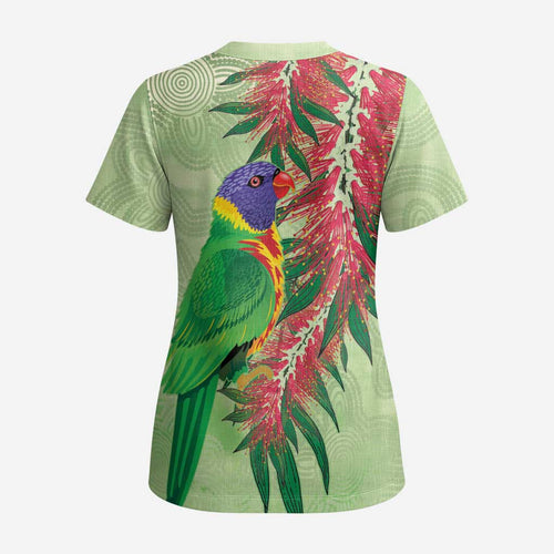 Australia Bottlebrush And Lorikeets Scrub Top Aboriginal Art - Watercolor Style - Aussie Hoodie