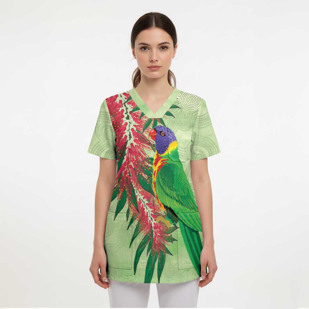 Australia Bottlebrush And Lorikeets Scrub Top Aboriginal Art - Watercolor Style - Aussie Hoodie