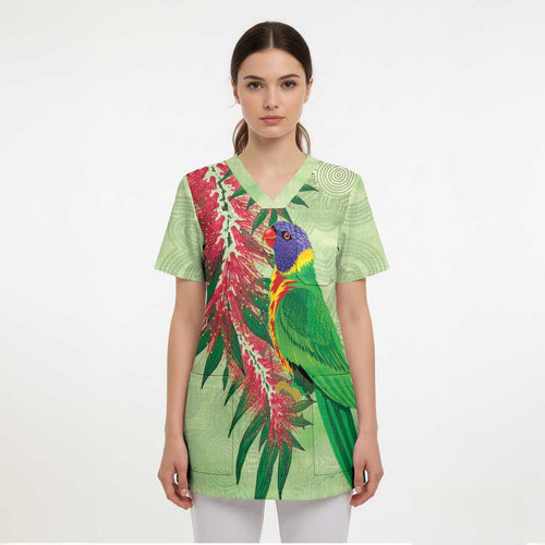 Australia Bottlebrush And Lorikeets Scrub Top Aboriginal Art - Watercolor Style - Aussie Hoodie