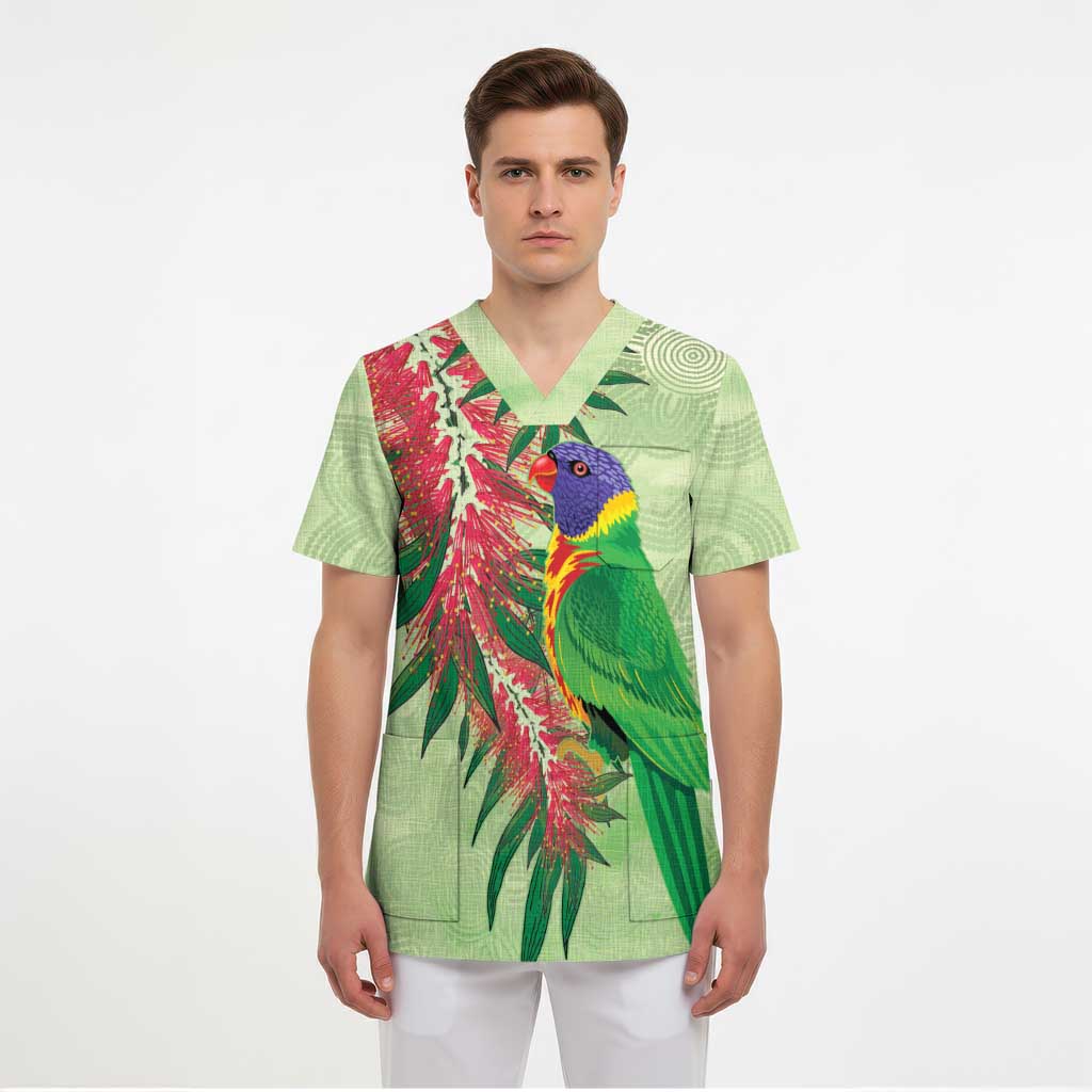Australia Bottlebrush And Lorikeets Scrub Top Aboriginal Art - Watercolor Style - Aussie Hoodie