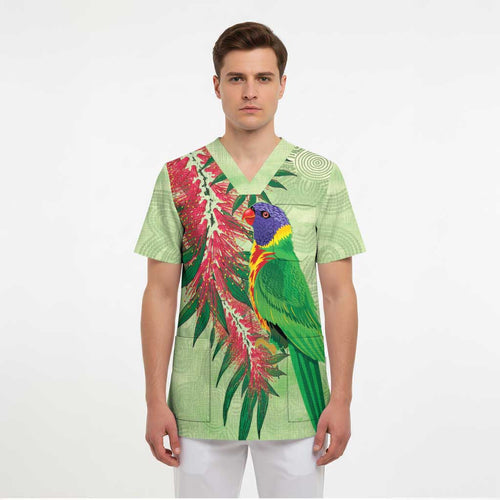 Australia Bottlebrush And Lorikeets Scrub Top Aboriginal Art - Watercolor Style - Aussie Hoodie