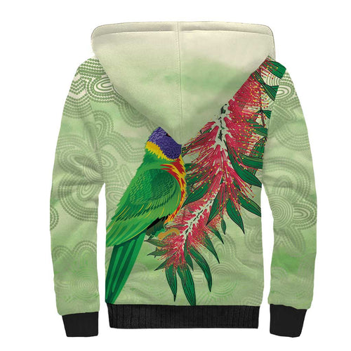 Australia Bottlebrush And Lorikeets Sherpa Hoodie Aboriginal Art - Watercolor Style