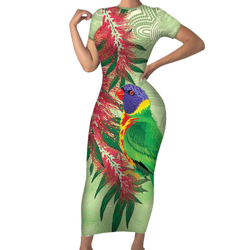 Australia Bottlebrush And Lorikeets Short Sleeve Bodycon Dress Aboriginal Art - Watercolor Style