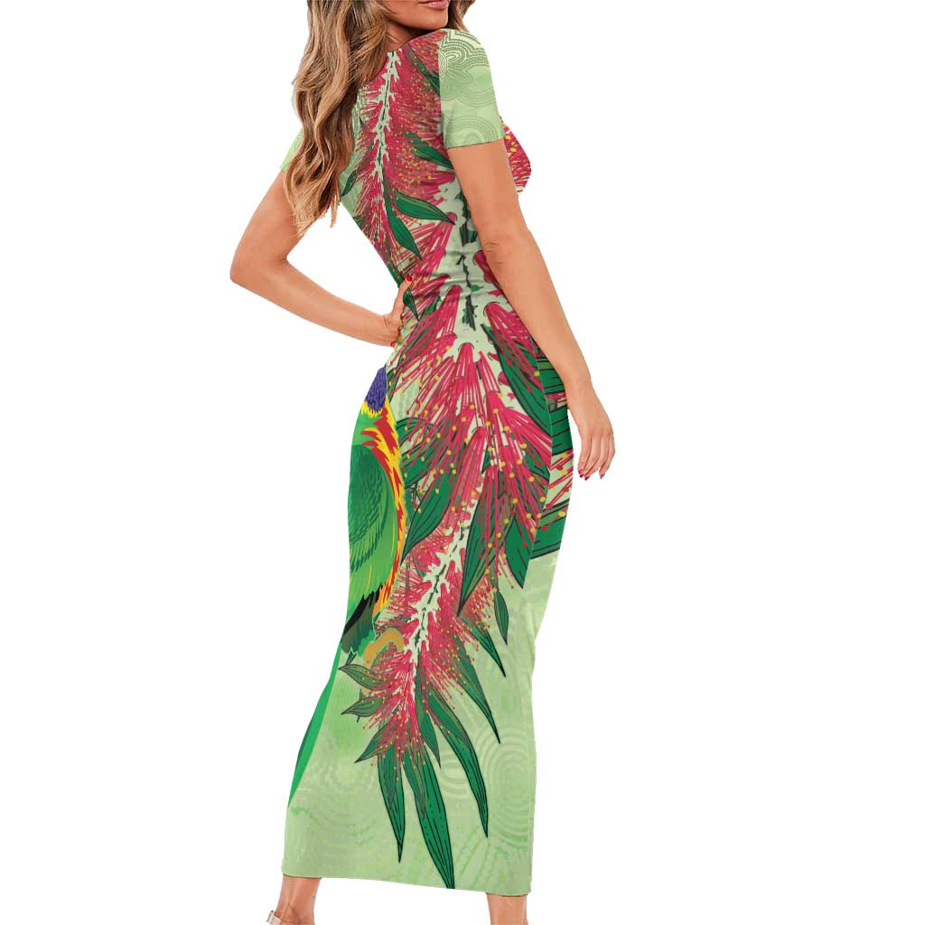 Australia Bottlebrush And Lorikeets Short Sleeve Bodycon Dress Aboriginal Art - Watercolor Style