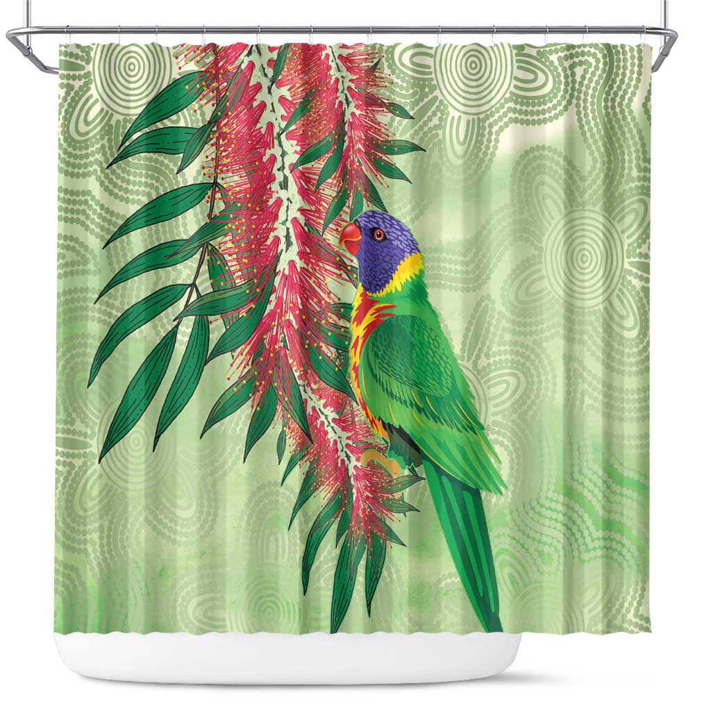 Australia Bottlebrush And Lorikeets Shower Curtain Aboriginal Art - Watercolor Style