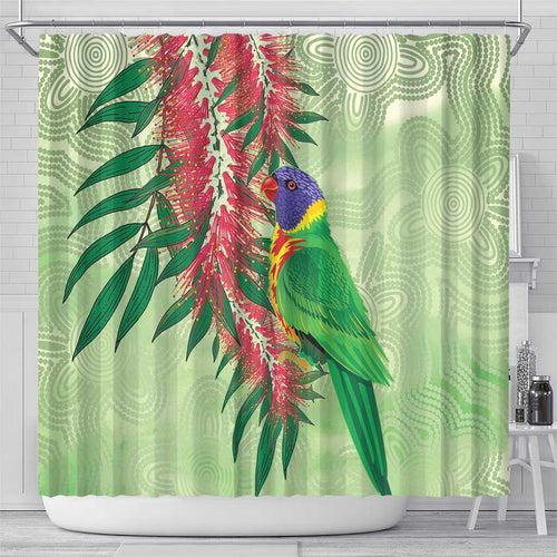 Australia Bottlebrush And Lorikeets Shower Curtain Aboriginal Art - Watercolor Style