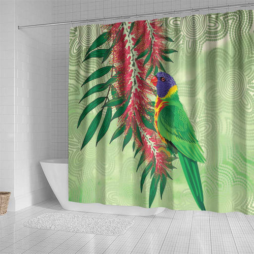 Australia Bottlebrush And Lorikeets Shower Curtain Aboriginal Art - Watercolor Style