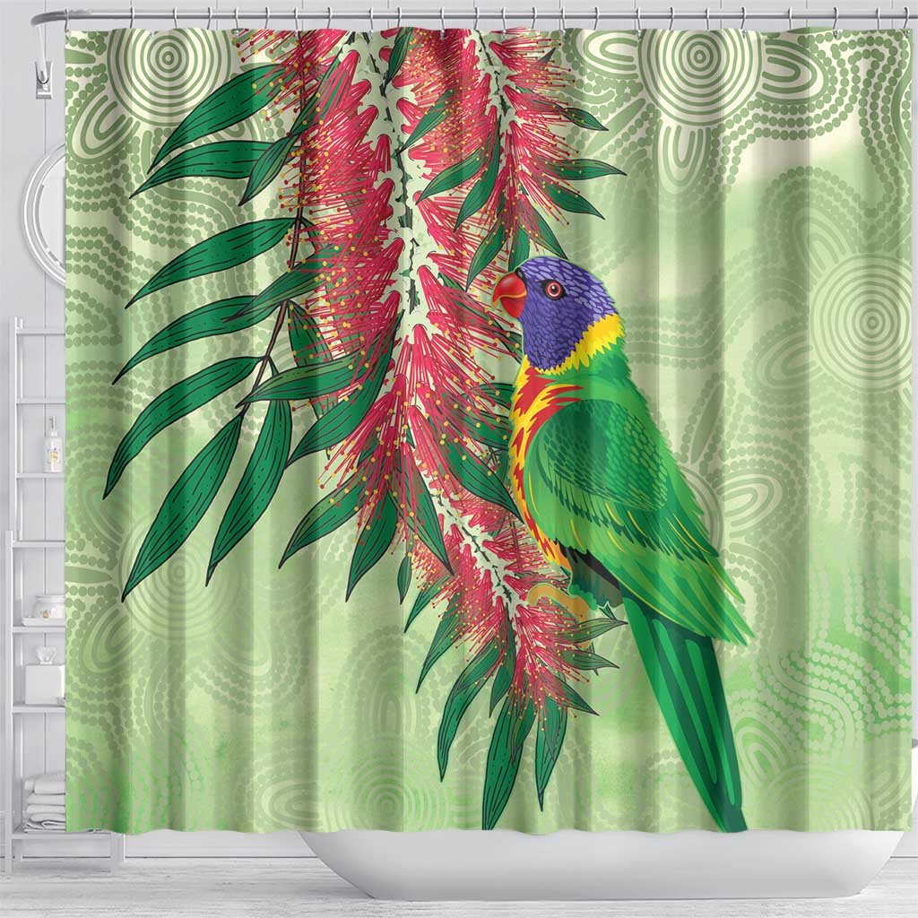 Australia Bottlebrush And Lorikeets Shower Curtain Aboriginal Art - Watercolor Style