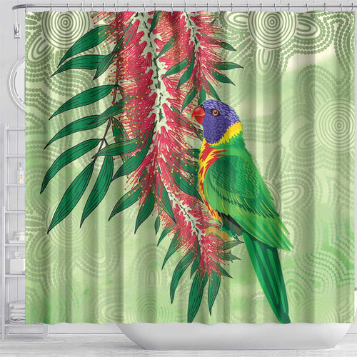 Australia Bottlebrush And Lorikeets Shower Curtain Aboriginal Art - Watercolor Style
