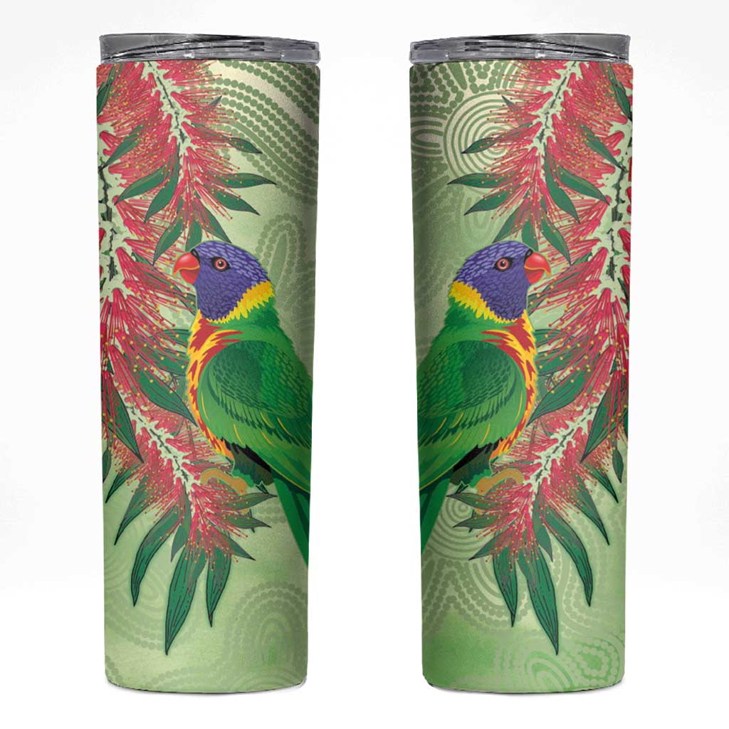 Australia Bottlebrush And Lorikeets Skinny Tumbler Aboriginal Art - Watercolor Style