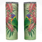 Australia Bottlebrush And Lorikeets Skinny Tumbler Aboriginal Art - Watercolor Style