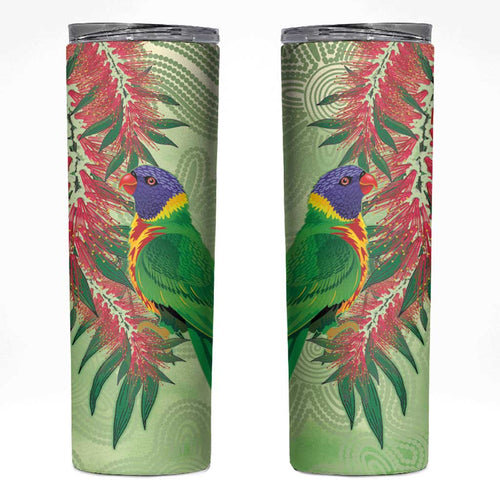 Australia Bottlebrush And Lorikeets Skinny Tumbler Aboriginal Art - Watercolor Style