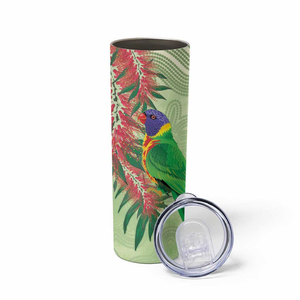 Australia Bottlebrush And Lorikeets Skinny Tumbler Aboriginal Art - Watercolor Style