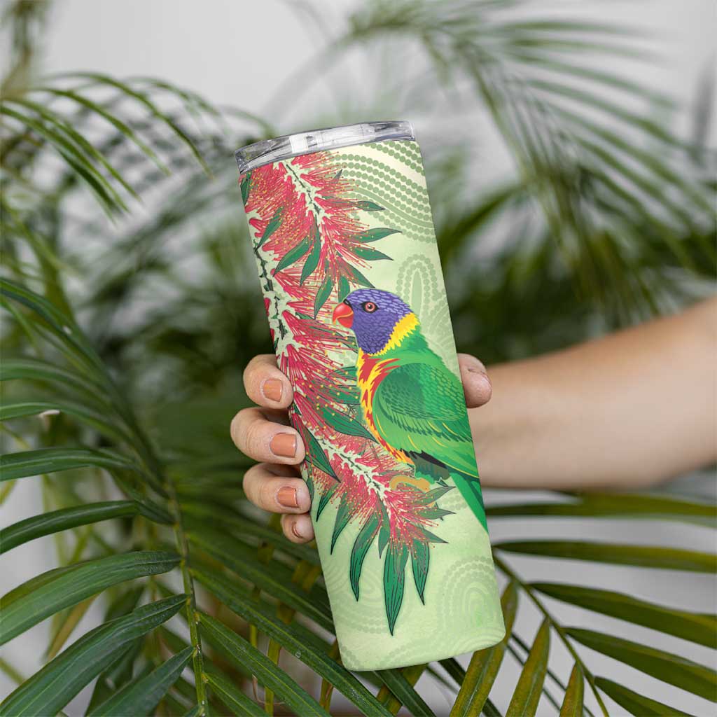Australia Bottlebrush And Lorikeets Skinny Tumbler Aboriginal Art - Watercolor Style