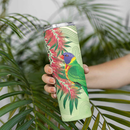 Australia Bottlebrush And Lorikeets Skinny Tumbler Aboriginal Art - Watercolor Style