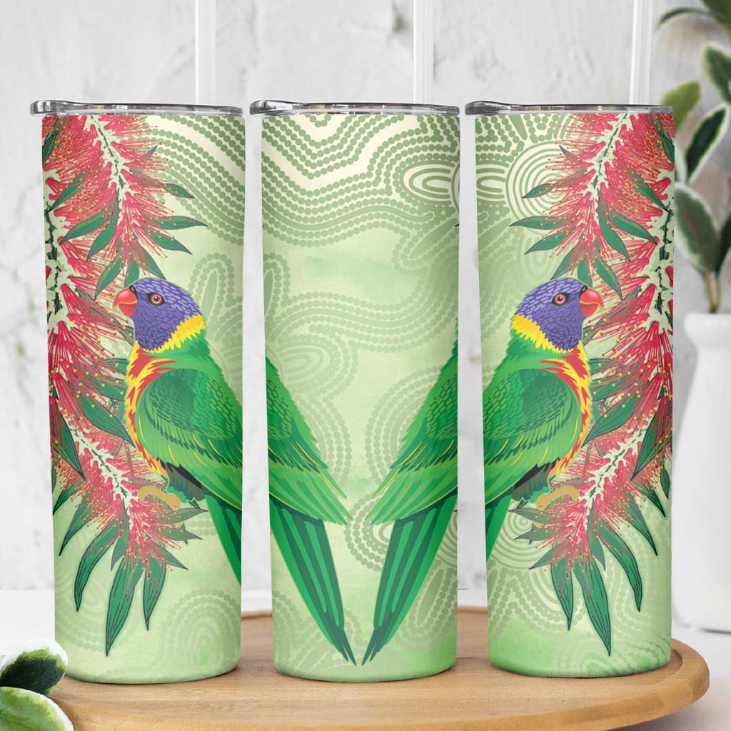 Australia Bottlebrush And Lorikeets Skinny Tumbler Aboriginal Art - Watercolor Style