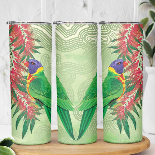Australia Bottlebrush And Lorikeets Skinny Tumbler Aboriginal Art - Watercolor Style