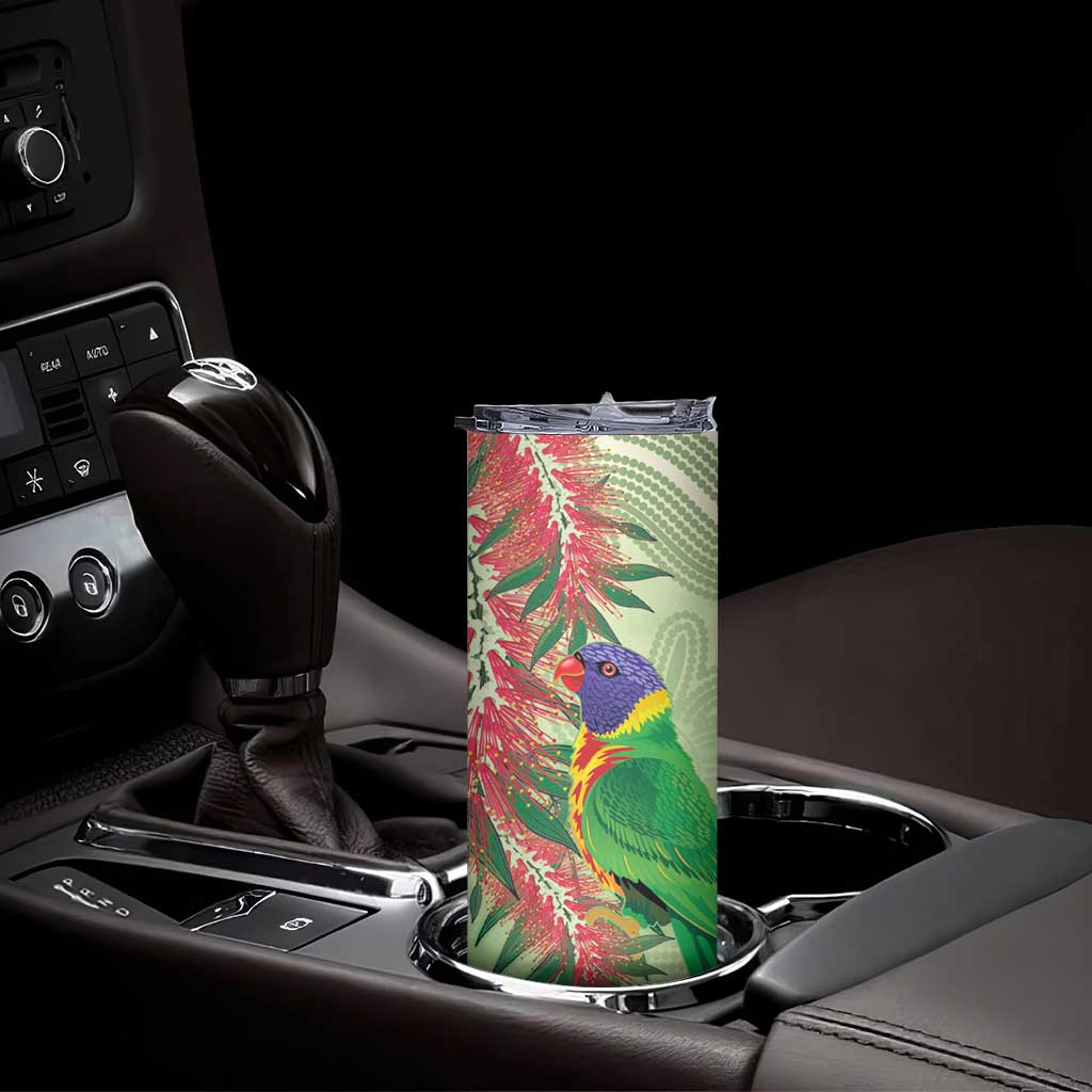 Australia Bottlebrush And Lorikeets Skinny Tumbler Aboriginal Art - Watercolor Style