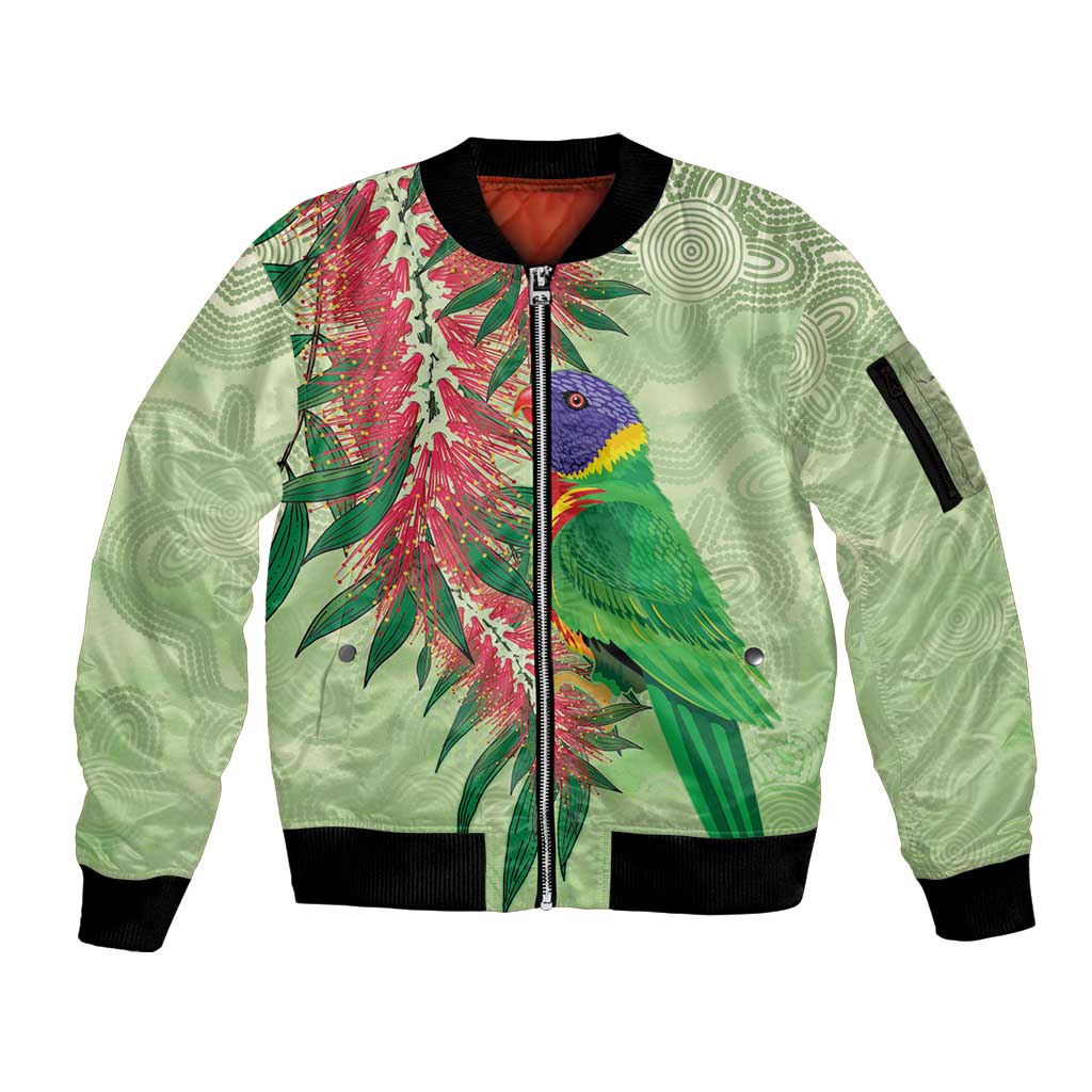 Australia Bottlebrush And Lorikeets Sleeve Zip Bomber Jacket Aboriginal Art - Watercolor Style
