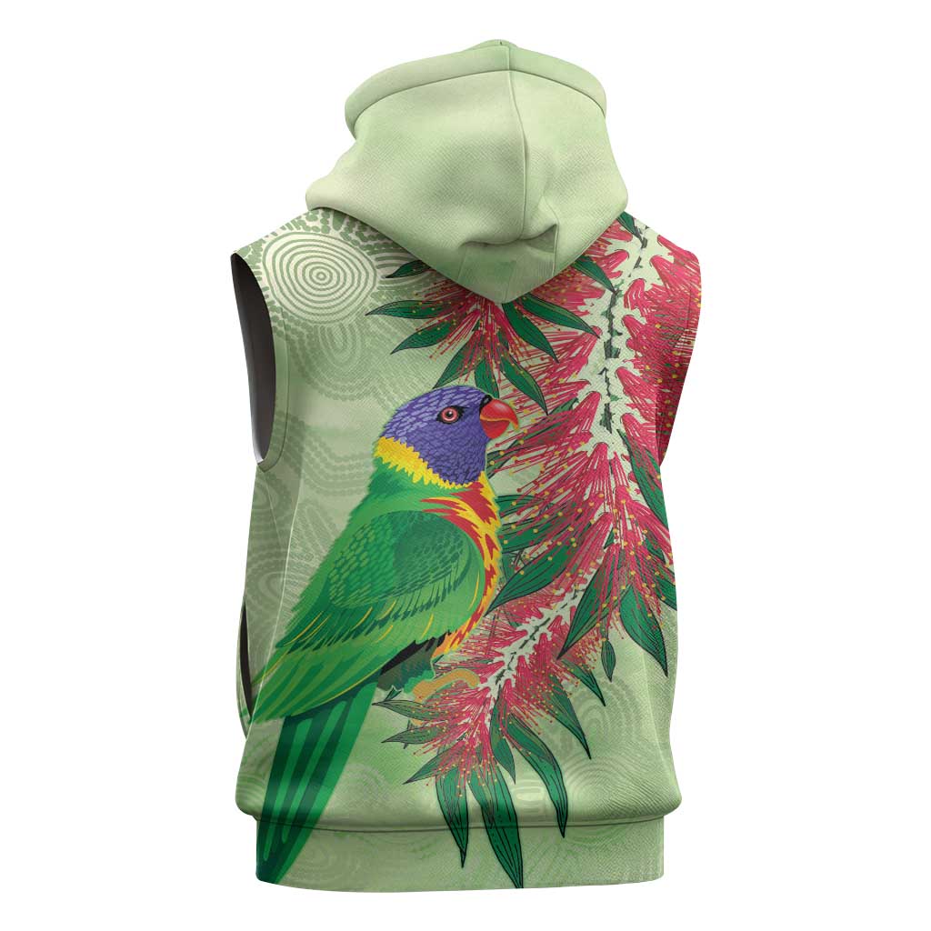 Australia Bottlebrush And Lorikeets Sleeveless Hoodie Aboriginal Art - Watercolor Style - Aussie Hoodie