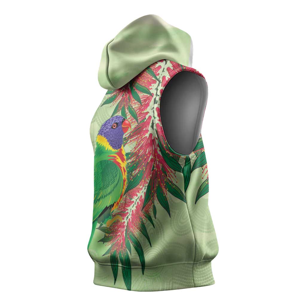 Australia Bottlebrush And Lorikeets Sleeveless Hoodie Aboriginal Art - Watercolor Style - Aussie Hoodie