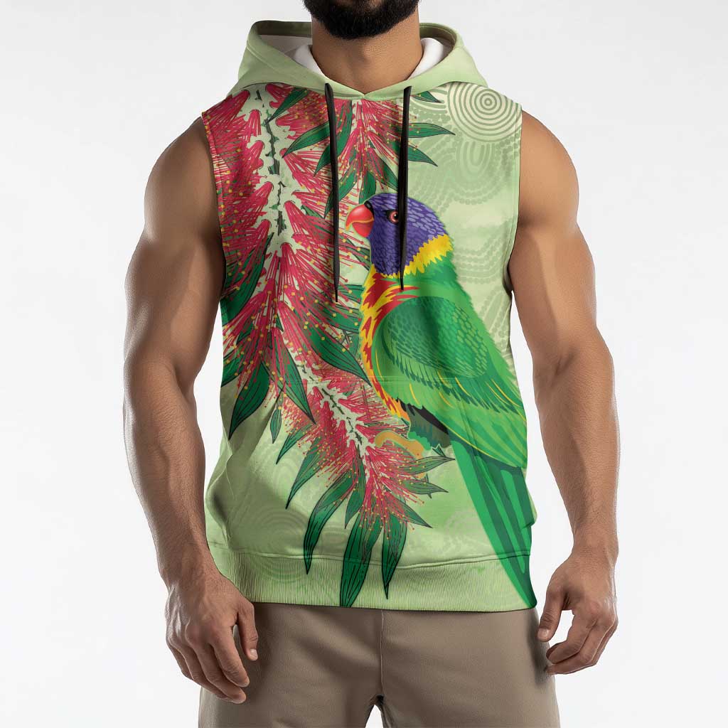 Australia Bottlebrush And Lorikeets Sleeveless Hoodie Aboriginal Art - Watercolor Style - Aussie Hoodie