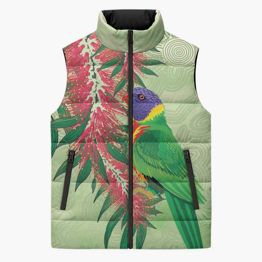 Australia Bottlebrush And Lorikeets Sleeveless Puffer Jacket Aboriginal Art - Watercolor Style - Aussie Hoodie