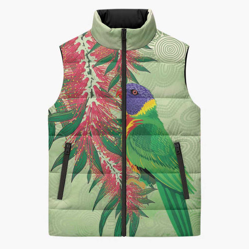 Australia Bottlebrush And Lorikeets Sleeveless Puffer Jacket Aboriginal Art - Watercolor Style - Aussie Hoodie