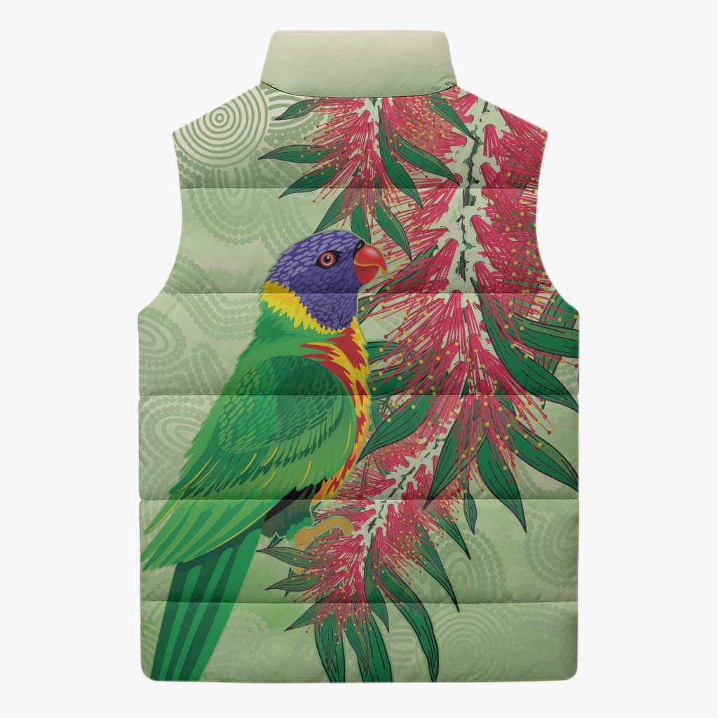Australia Bottlebrush And Lorikeets Sleeveless Puffer Jacket Aboriginal Art - Watercolor Style - Aussie Hoodie