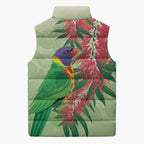 Australia Bottlebrush And Lorikeets Sleeveless Puffer Jacket Aboriginal Art - Watercolor Style - Aussie Hoodie