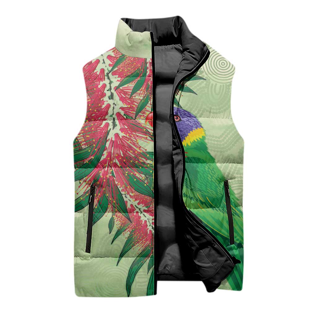 Australia Bottlebrush And Lorikeets Sleeveless Puffer Jacket Aboriginal Art - Watercolor Style - Aussie Hoodie