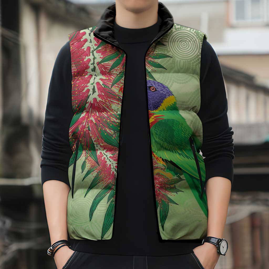 Australia Bottlebrush And Lorikeets Sleeveless Puffer Jacket Aboriginal Art - Watercolor Style - Aussie Hoodie