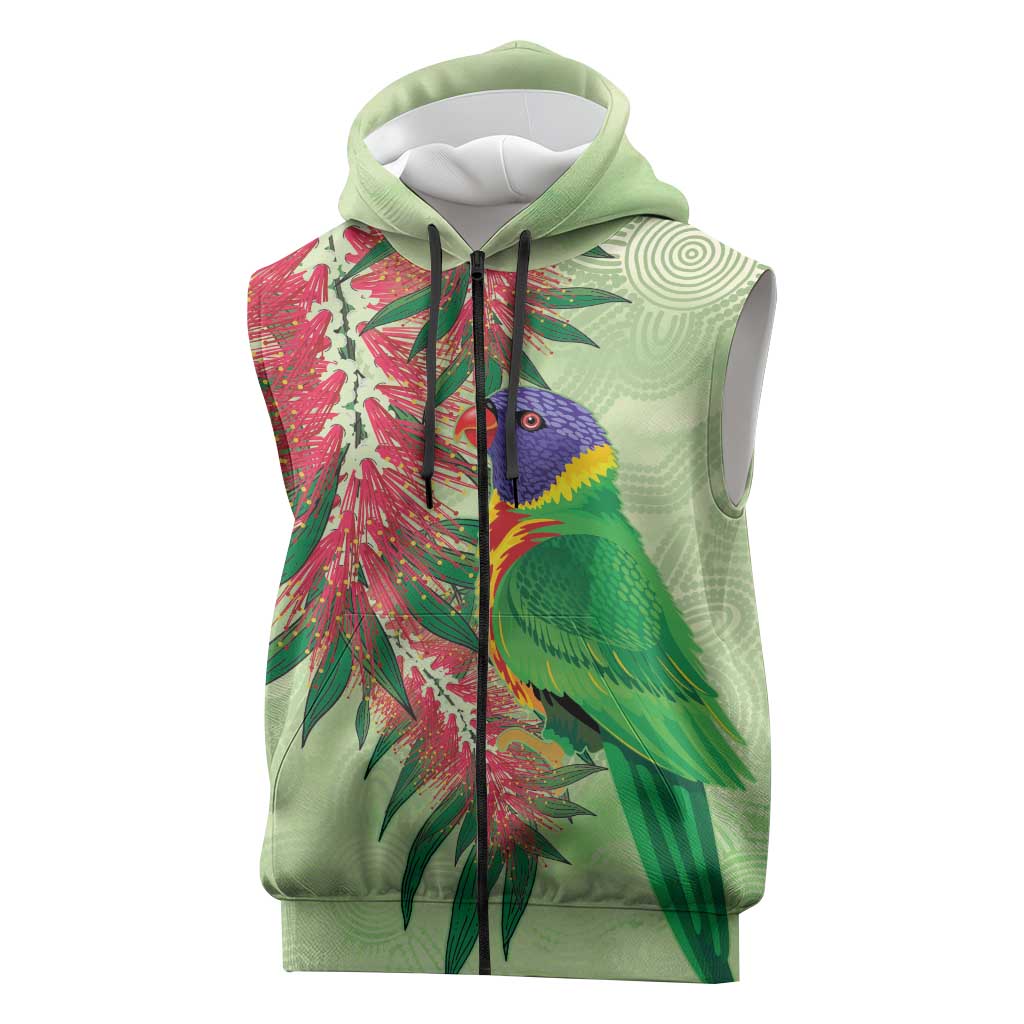 Australia Bottlebrush And Lorikeets Sleeveless Zip Hoodie Aboriginal Art - Watercolor Style LT14