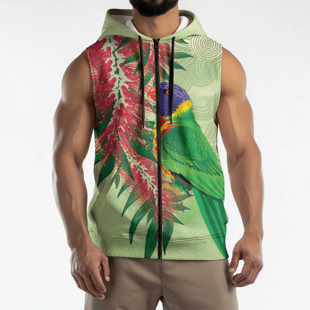 Australia Bottlebrush And Lorikeets Sleeveless Zip Hoodie Aboriginal Art - Watercolor Style LT14