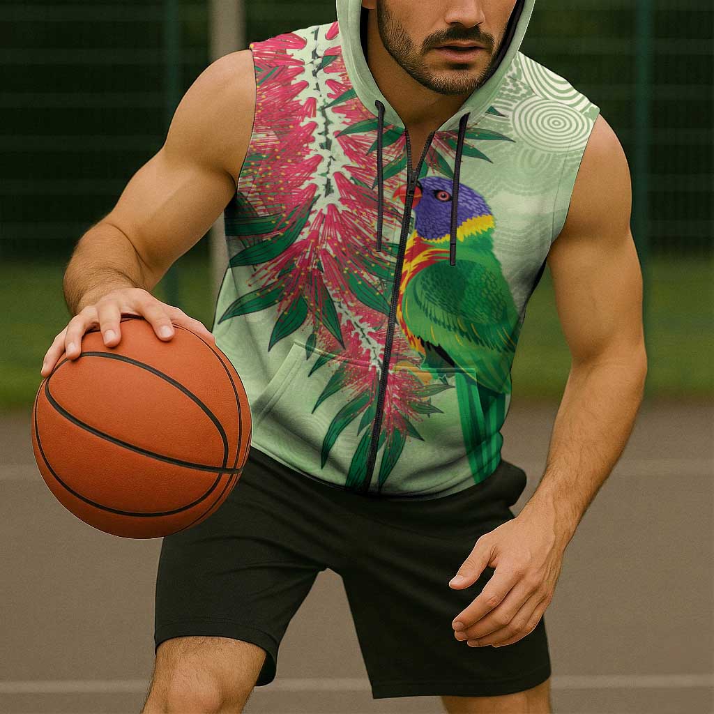 Australia Bottlebrush And Lorikeets Sleeveless Zip Hoodie Aboriginal Art - Watercolor Style LT14
