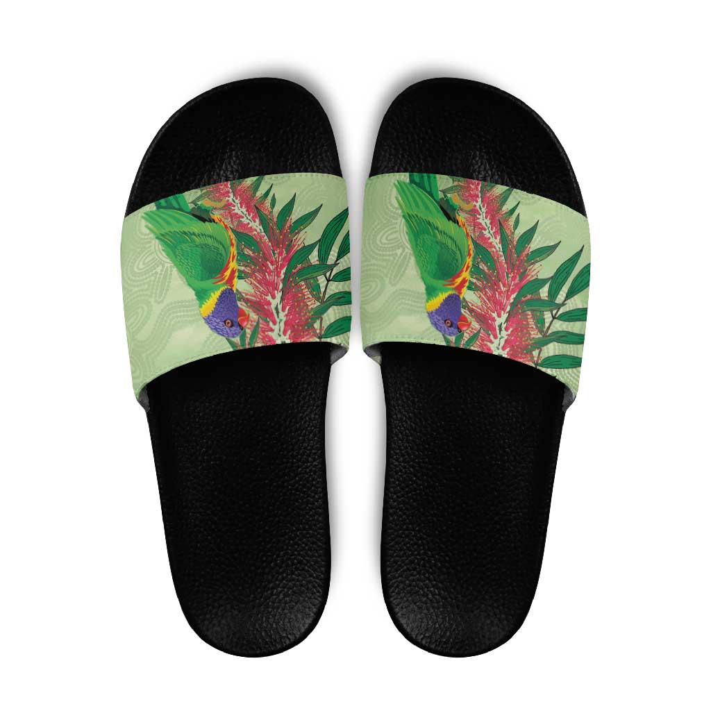 Australia Bottlebrush And Lorikeets Slide Sandals Aboriginal Art - Watercolor Style - Aussie Hoodie