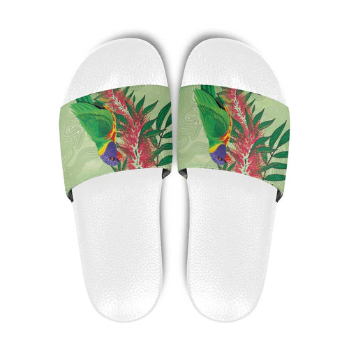 Australia Bottlebrush And Lorikeets Slide Sandals Aboriginal Art - Watercolor Style - Aussie Hoodie