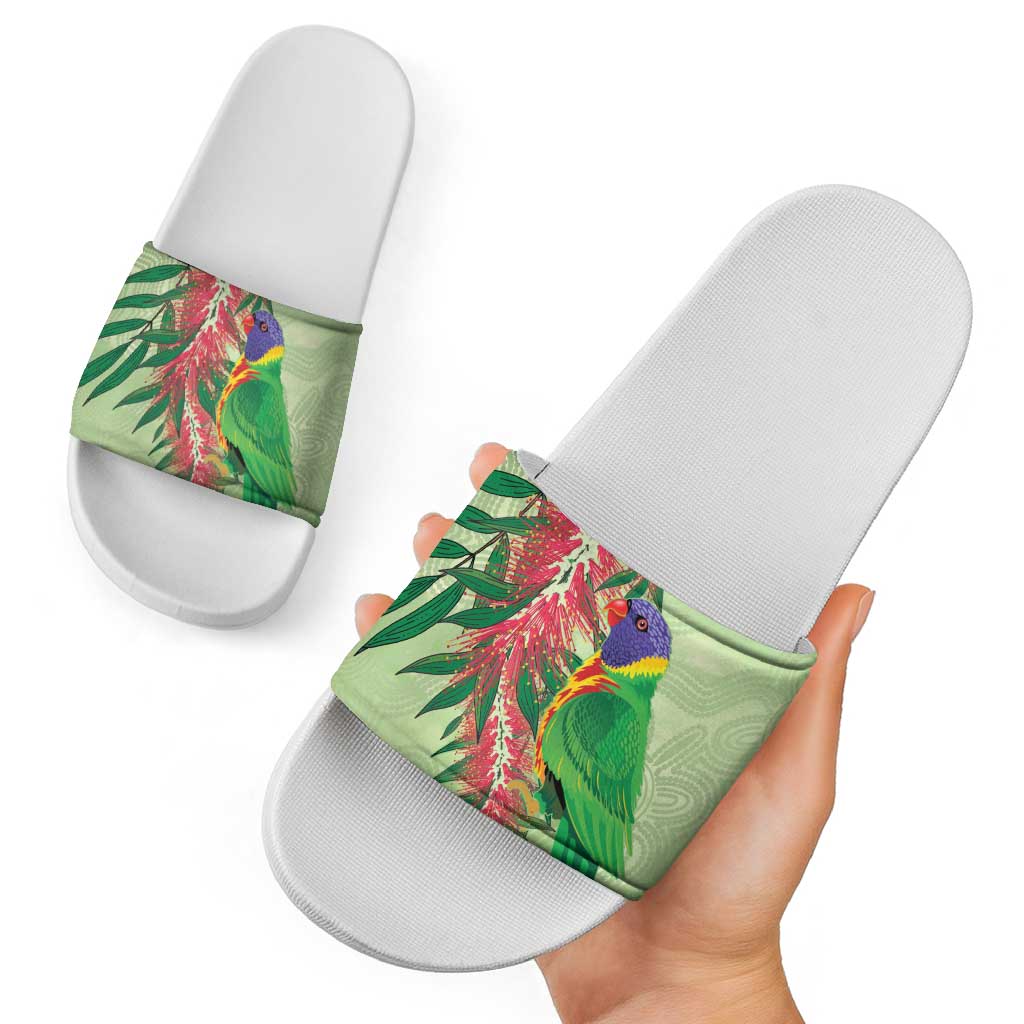 Australia Bottlebrush And Lorikeets Slide Sandals Aboriginal Art - Watercolor Style - Aussie Hoodie