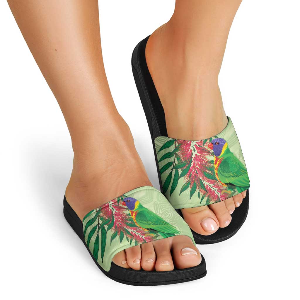 Australia Bottlebrush And Lorikeets Slide Sandals Aboriginal Art - Watercolor Style - Aussie Hoodie