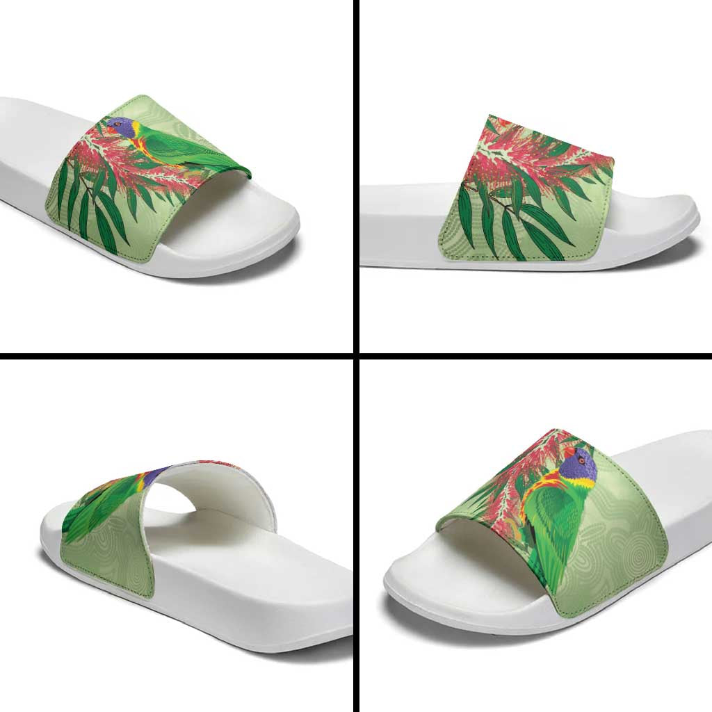Australia Bottlebrush And Lorikeets Slide Sandals Aboriginal Art - Watercolor Style - Aussie Hoodie