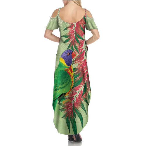 Australia Bottlebrush And Lorikeets Summer Maxi Dress Aboriginal Art - Watercolor Style