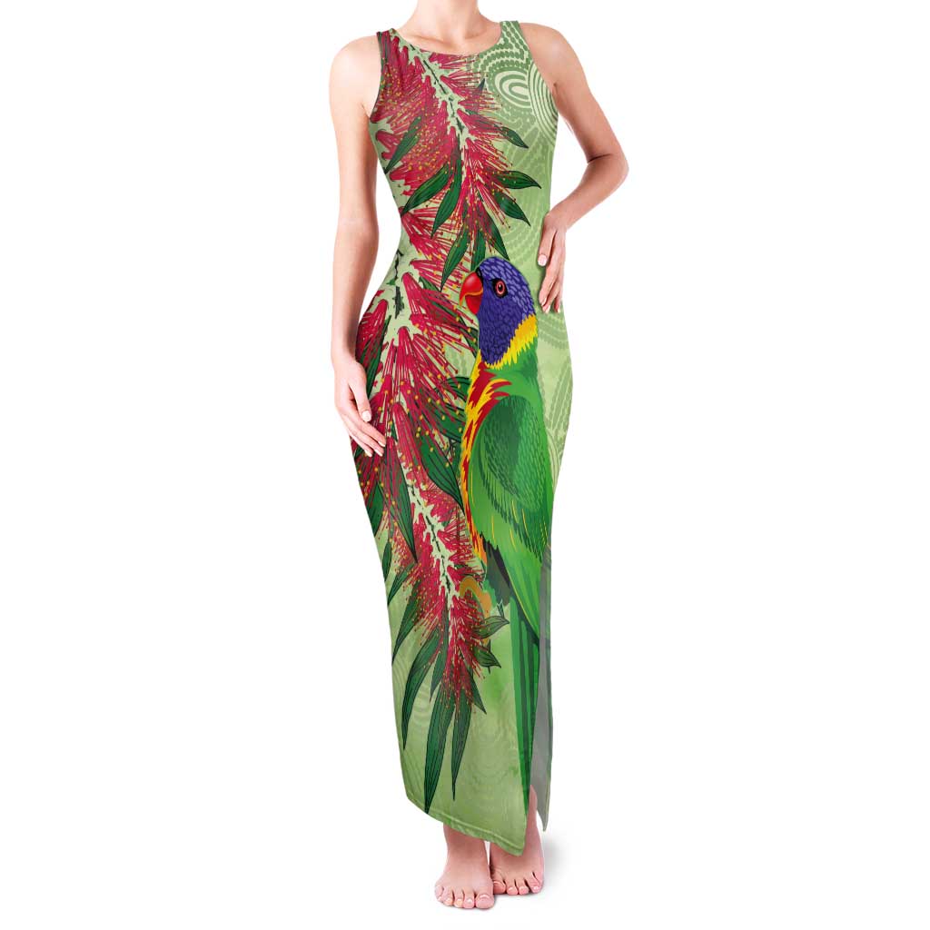 Australia Bottlebrush And Lorikeets Tank Maxi Dress Aboriginal Art - Watercolor Style