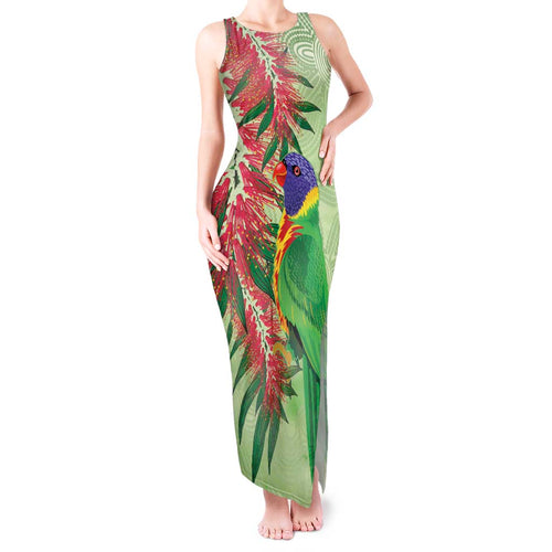 Australia Bottlebrush And Lorikeets Tank Maxi Dress Aboriginal Art - Watercolor Style