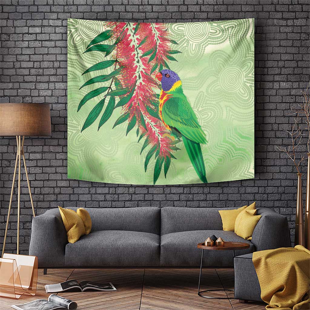 Australia Bottlebrush And Lorikeets Tapestry Aboriginal Art - Watercolor Style