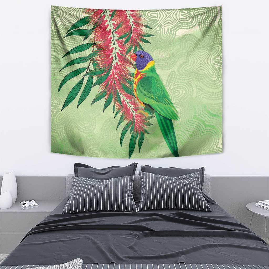 Australia Bottlebrush And Lorikeets Tapestry Aboriginal Art - Watercolor Style