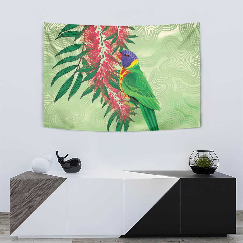 Australia Bottlebrush And Lorikeets Tapestry Aboriginal Art - Watercolor Style